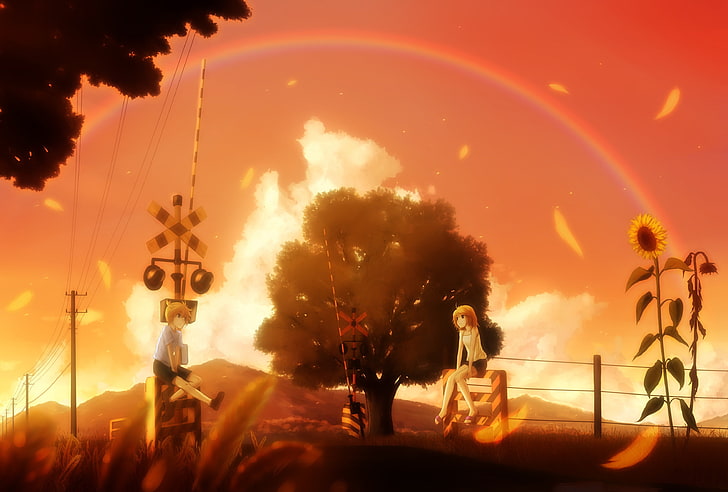 anime, karya seni, gadis anime, bunga matahari, matahari terbenam, Wallpaper HD