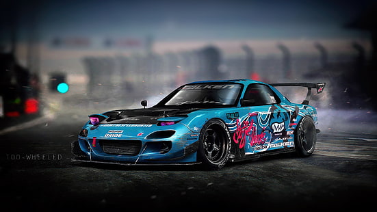 Auto, Blue, Machine, Drift, Mazda, Illustration, Mazda rx7, Mazda RX-7, RX7, Vinyls, Transport and Vehicles, by TOO WHEELED, TOO WHEELED, HD wallpaper HD wallpaper