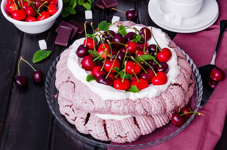 Food, Cake, Cherry, Cream, Dessert, Meringue, Pastry, Pavlova, Still Life, HD wallpaper