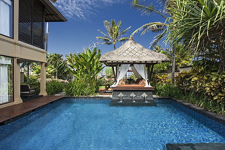 Dream Pool, odkryty basen i namiot z baldachimem, plaża, wyspa, kurort, pływanie, egzotyczne, hotel, raj, ocean, tropikalny, wyspy, basen, Tapety HD HD wallpaper