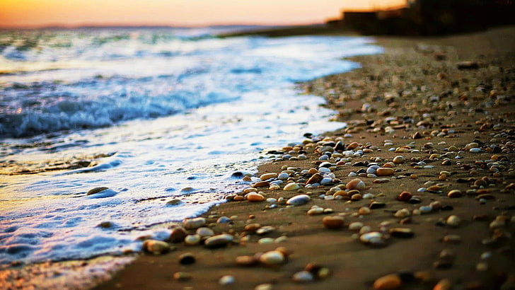 beach, Depth Of Field, nature, pebbles, sand, sea, HD wallpaper