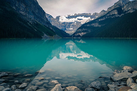 body of water, lake, Banff National Park, Alberta, Canada, mountains, reflection, rock, HD wallpaper HD wallpaper