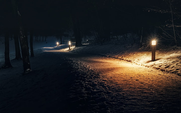 ثلاثة أضواء الشوارع ، الظلام ، الشتاء ، الأضواء، خلفية HD