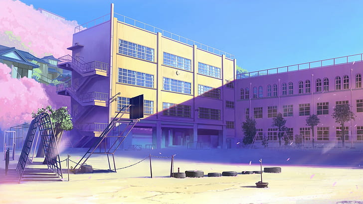 biały 4-kondygnacyjny budynek z placem zabaw w ciągu dnia, anime, Tapety HD