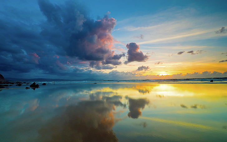 водоем, облака, небо, море, отражение, зеркало, вечер, HD обои