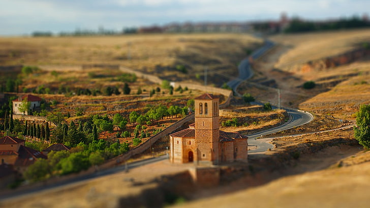 church on field model scale, tilt shift, Segovia, Spain, HD wallpaper