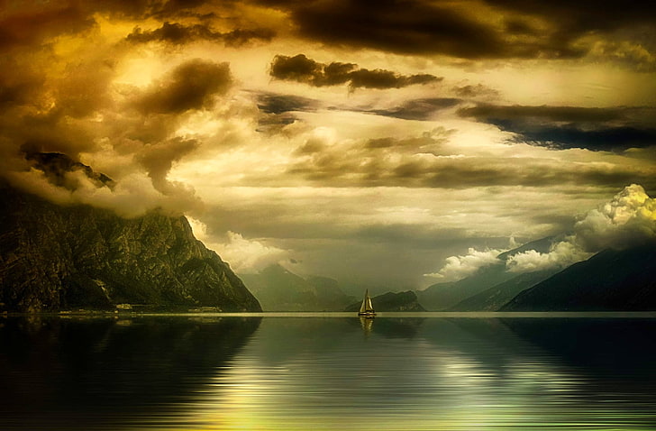 barca bianca sul corpo d'acqua sfondo digitale, fotografia, paesaggio, natura, lago, montagne, nuvole, tramonto, barche a vela, cielo, riflesso, calma, Sfondo HD