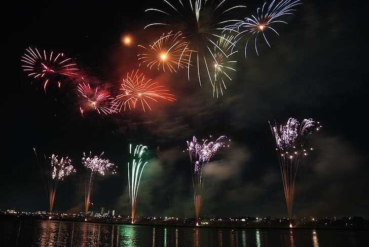 celebration, dark, festival, fireworks, lights, night, river, sky, HD wallpaper