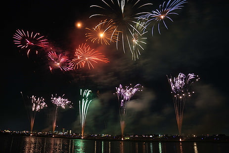 celebration, dark, festival, fireworks, lights, night, river, sky, HD wallpaper HD wallpaper