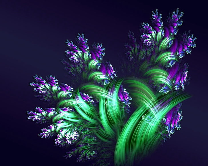 الأرجواني والأخضر بتلات الزهور خلفية رقمية ، كسورية ، زهور ، دخان ، أنماط، خلفية HD
