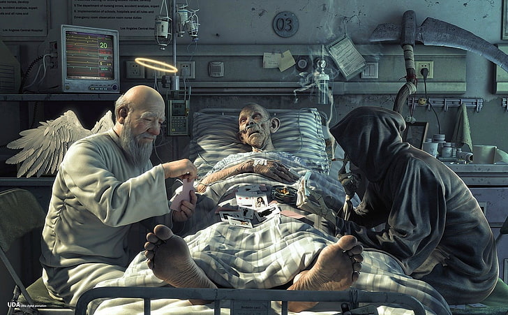 sick man on bed with angel and grim reaper wallpaper, God, death, Grim Reaper, life, cards, angel, fantasy art, HD wallpaper