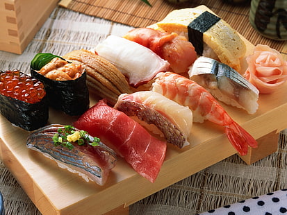 assorted-flavor sushis, rolls, sushi, japanese cuisine, food, seafood, HD wallpaper HD wallpaper