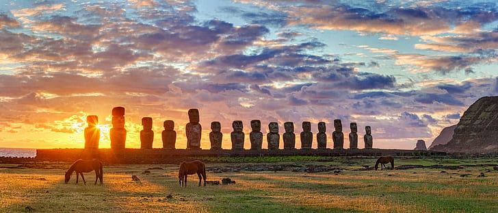 ilha da páscoa chile moai estátua cavalo grama nuvens amarelo verde mar rapa nui, HD papel de parede