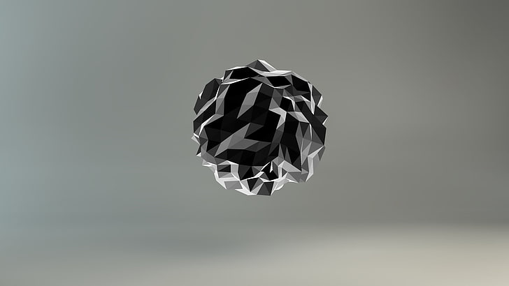 papel de parede abstrato preto e cinza, arte digital, minimalismo, fundo cinza, esfera, baixo poli, 3D, geometria, monocromático, gradiente, resumo, trabalho artístico, HD papel de parede