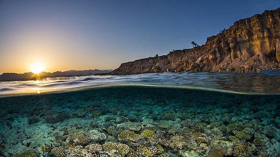 sea, water, coral, coast, shore, sky, coral reef, rock, ocean, cliff, horizon, beach, HD wallpaper HD wallpaper