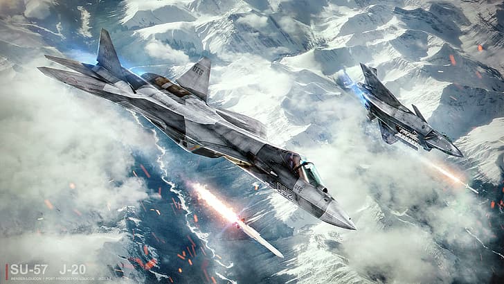 Suchoi Su-57, russische Luftwaffe, russische/sowjetische Flugzeuge, Militär, CGI, Kunstwerk, Berge, Weiße Berge, Düsenjäger, HD-Hintergrundbild