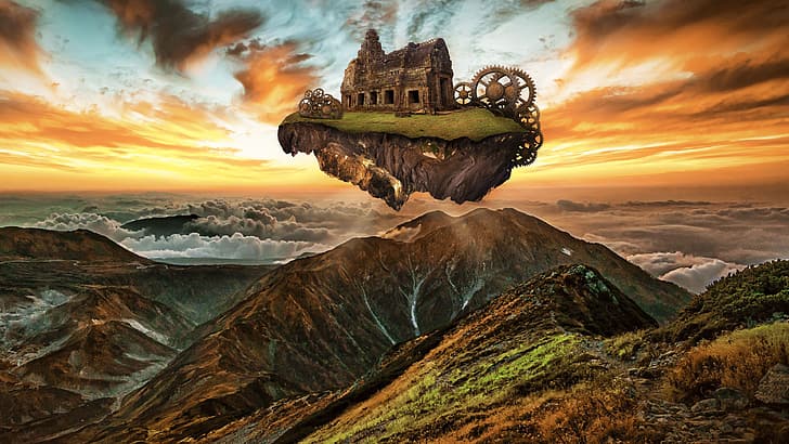 the sky, clouds, mountains, beauty, space, the ruins, gear, sky, old house, gears, ruins, fantastic landscape, allegory, floating island, HD wallpaper