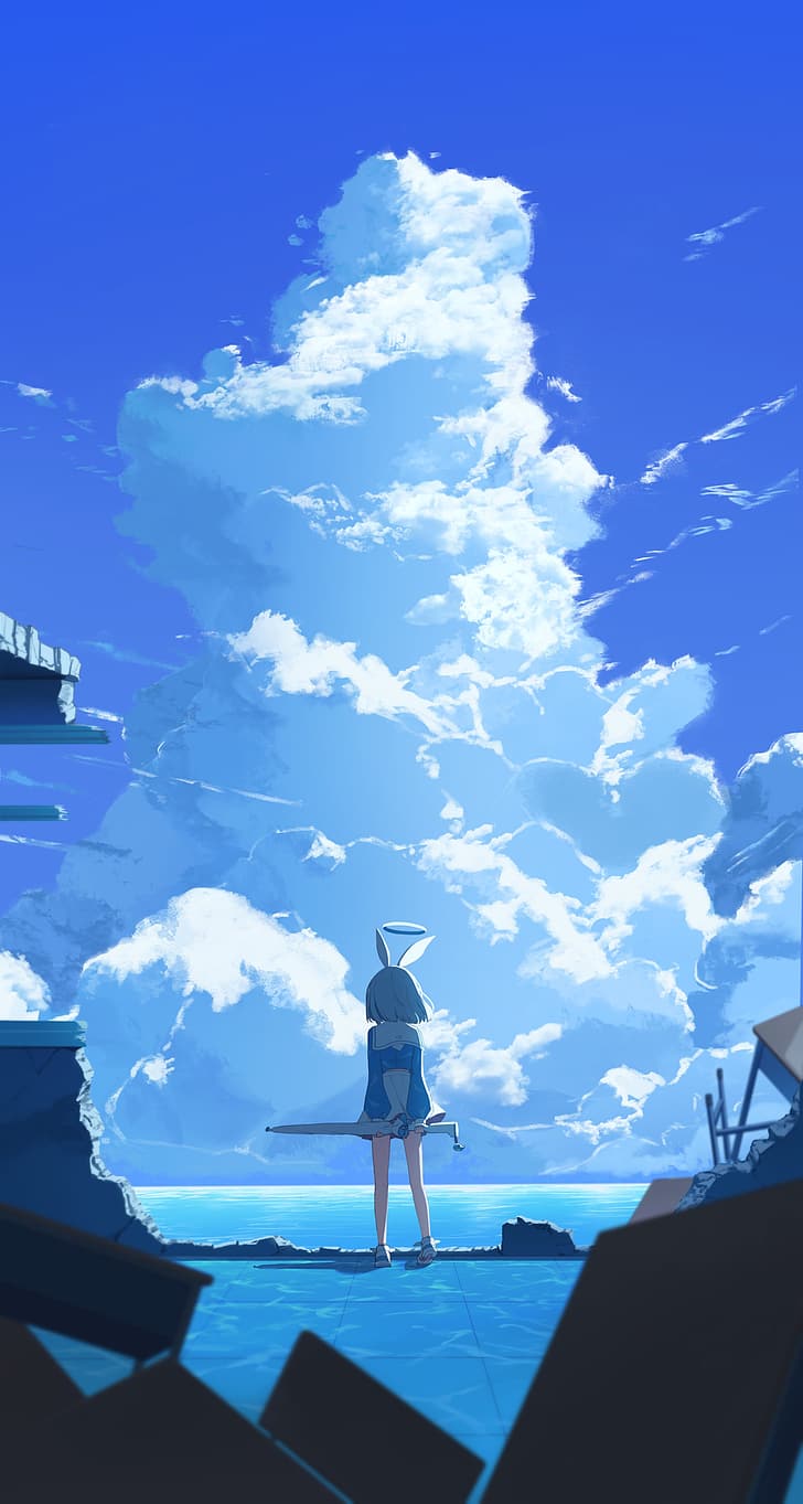 anime girls, anime games, clouds, portrait display, arona(blue archive), blue background, sky, Blue Archive, nimbus, fan art, sailor uniform, short hair, skirt, HD wallpaper