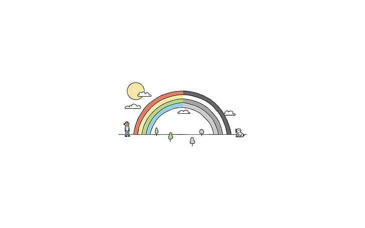 rainbow illustration, minimalism, selective coloring, rainbows, dog, Sun, simple background, artwork, HD wallpaper