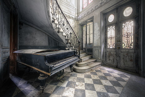 здание, старый, музыкальный инструмент, пианино, заброшенный, HD обои HD wallpaper