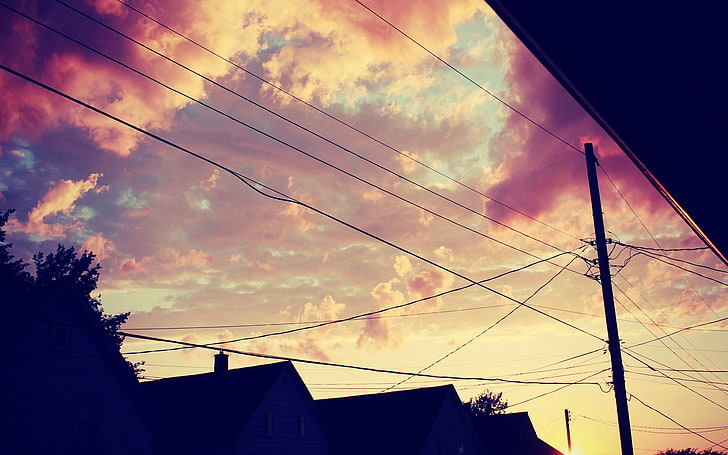 nuvens, casa, pôr do sol, urbano, HD papel de parede