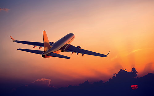 graue und weiße Fluggesellschaften, Sonnenuntergang, Der Himmel, Das Flugzeug, In der Luft, Fliegen, Verkehrsflugzeug, HD-Hintergrundbild HD wallpaper