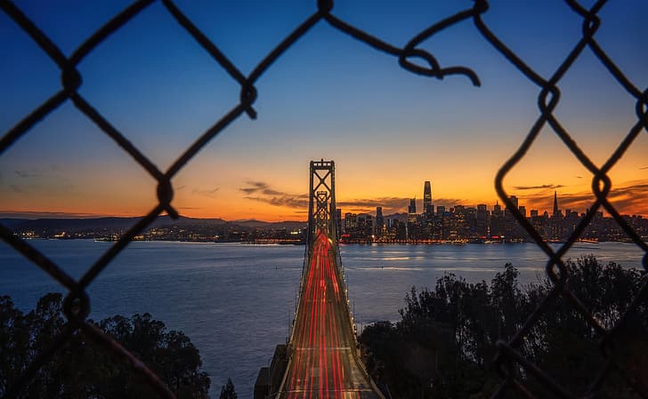 San Francisco, California, USA, Oakland Bay Bridge, skyscraper, building, sunset, evening, lights, sky, clouds, city, cityscape, HD wallpaper