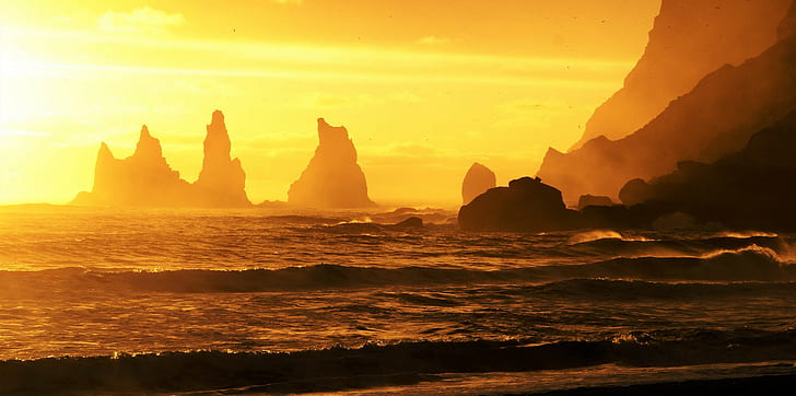 paisagem, montanhas, mar, ondas, pôr do sol, luz solar, natureza, rochas, sol, islândia, HD papel de parede