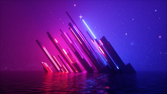  3D, abstract, 3D Abstract, colorful, neon, lights, glowing, stars, water, reflection, render, laser, landscape, HD wallpaper HD wallpaper