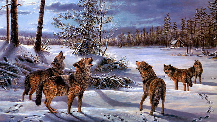 雪、家、ハウリング、アート、風景、森林、森、空、絵画、アートワーク、オオカミの遠lingえ、凍結、木、荒野、絵画芸術、冬、野生動物、オオカミ、オオカミ、 HDデスクトップの壁紙