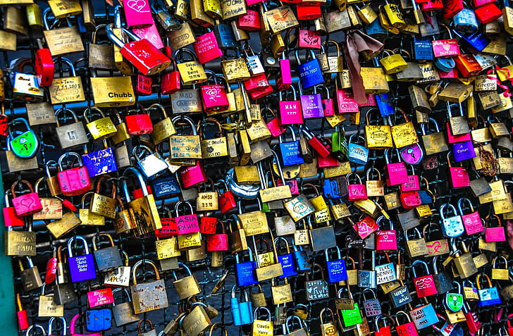 words, phrases, drawings, many colors, different padlocks, HD wallpaper