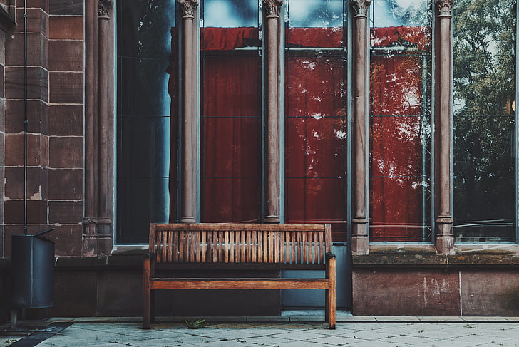 brown wooden bench, bench, building, windows, HD wallpaper