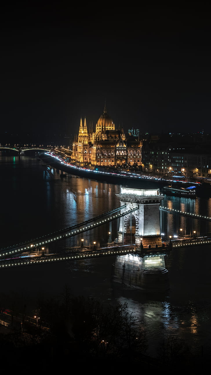 мост, нощен град, градски светлини, Будапеща, Унгария, HD тапет, тапет за телефон