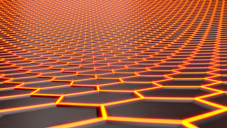 papel de parede cadeia pentágono laranja e preto, papel de parede 3D laranja e cinza, hexágono, favos de mel, CGI, HD papel de parede