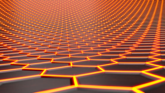 wallpaper rantai pentagon oranye dan hitam, wallpaper 3D oranye dan abu-abu, segi enam, sarang lebah, CGI, Wallpaper HD HD wallpaper