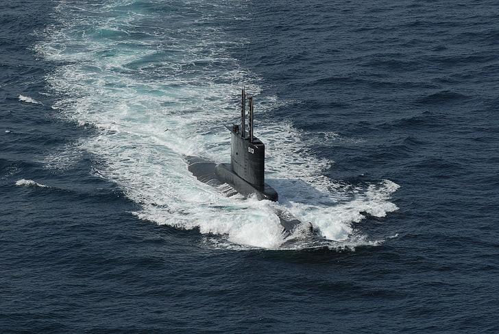 черная подводная лодка, море, волна, подводная лодка, подводная лодка ВМС Греции, HD обои