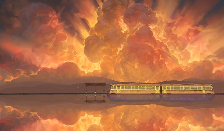 Spirited Away, train, sky painting, landscape, anime, painting, Photoshop, HD wallpaper
