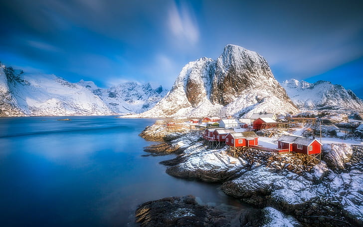Norwegen, Lofoten, Dorf, Winter, Landschaft, Lofoten-Inseln, Klippe, schneebedeckter Berg, HD-Hintergrundbild