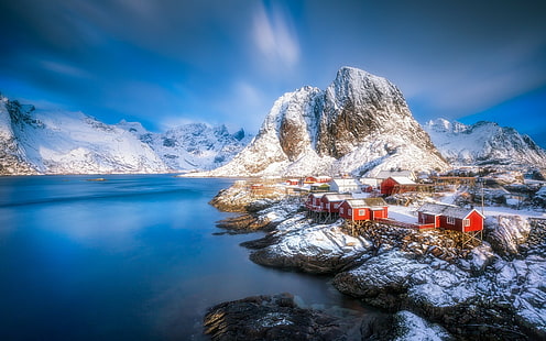 นอร์เวย์ Lofoten หมู่บ้านฤดูหนาวภูมิทัศน์หมู่เกาะ Lofoten หน้าผาภูเขาหิมะ, วอลล์เปเปอร์ HD HD wallpaper