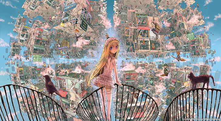 anime girls, anime, original characters, city, HD wallpaper