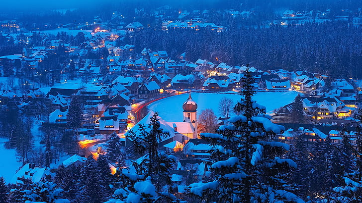 Hinterzarten, Black forest, Baden-Württemberg, Jerman, salju, tertutup salju, kota, malam, musim dingin, Wallpaper HD