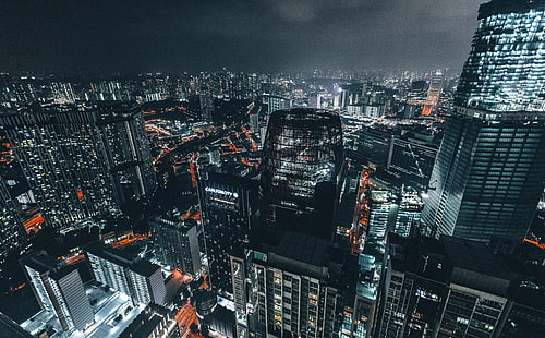 Vista panoramica della città di notte, grattacielo nero, città, luci, vista, notte, edifici, urbano, panoramico, grattacieli, Sfondo HD HD wallpaper