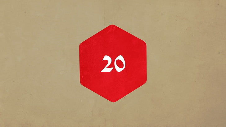 красный восьмиугольник 20 логотип, минимализм, игральные кости, d20, простой фон, цифры, HD обои