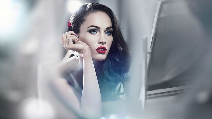 women, red lipstick, blue eyes, Megan Fox, celebrity, actress, makeup, face, lipstick, HD wallpaper