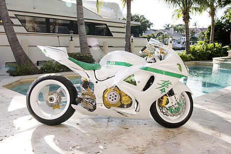 biało-zielony rower sportowy, motocykl, Suzuki, Suzuki GSX1300R Hayabusa, Tapety HD HD wallpaper
