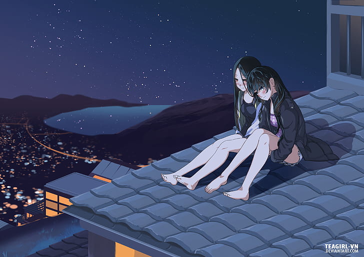 Anime, Original, Girl, Night, Rooftop, Stars, Yuri, HD tapet