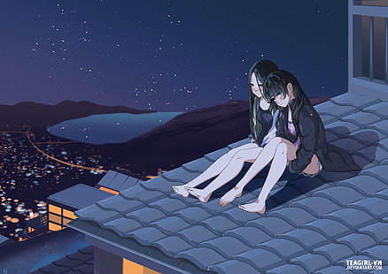 Anime, Original, Girl, Night, Rooftop, Stars, Yuri, HD wallpaper HD wallpaper