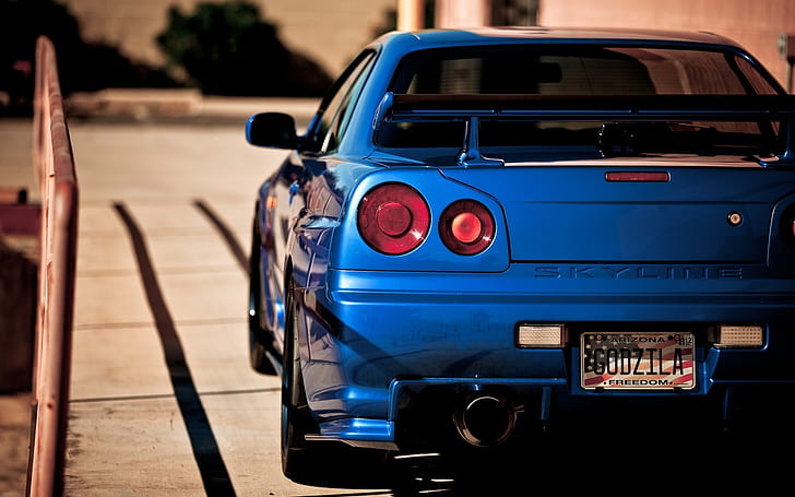 Nissan Skyline, vista posterior, carreras, coches, azul, vehículo, Fondo de pantalla HD