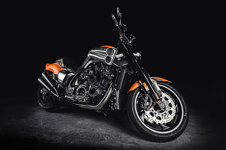 черно-оранжевый крейсерский мотоцикл, yamaha, v max, мотоцикл, HD обои HD wallpaper