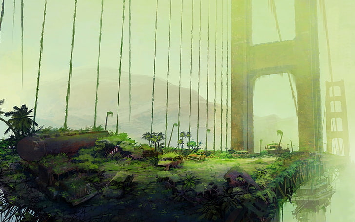 game application, Golden Gate Bridge, artwork, apocalyptic, futuristic, nature, forest, green, Truck, dystopic, HD wallpaper